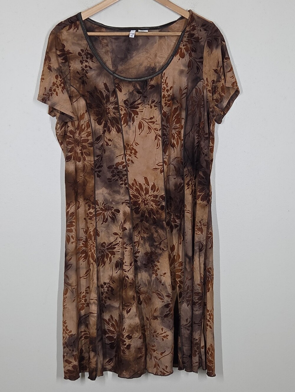 Vtg Y2K Sami + Jo Brown Tie Dye Floral Velvet Burnout Mini Dress 2X Fairy Grunge